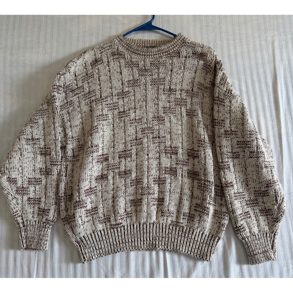 Vintage AJ Michael Mens Cotton Knit Sweater Large Made in USA Cream Burgundy